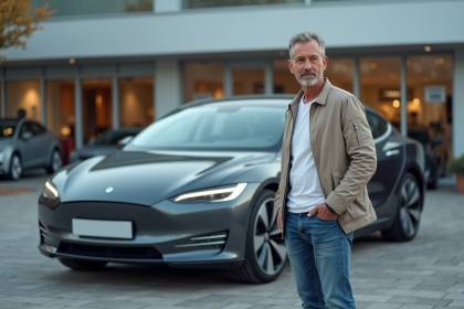 Homme confiant devant une voiture électrique neuve