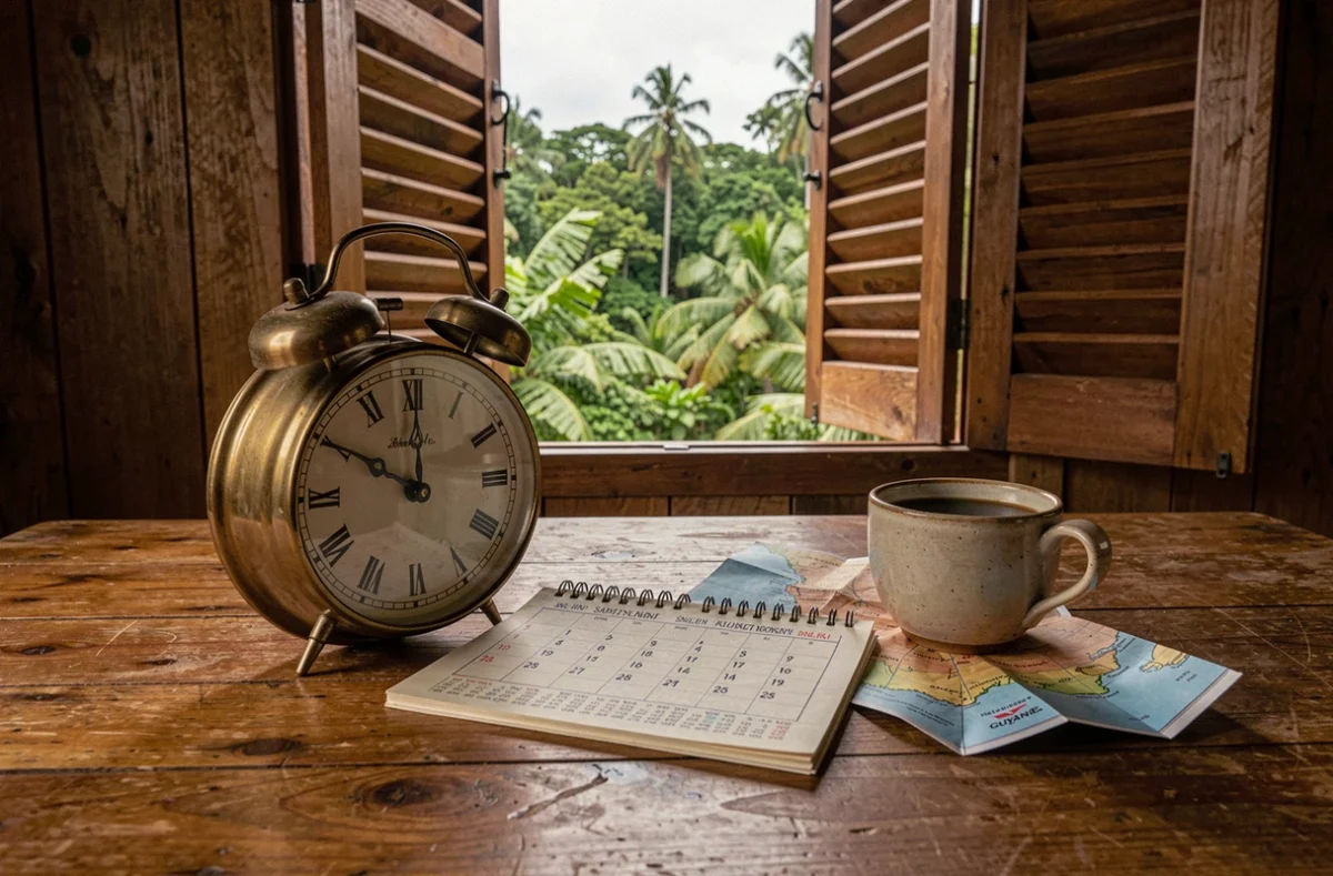 Horloge analogique posée sur un bureau en bois avec un calendrier et une carte de la Guyane française à Saint-Laurent-du-Maroni