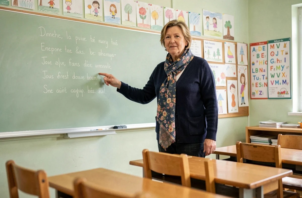 Institutrice présentant les paroles de la comptine La maison de ma tante écrites au tableau dans une salle de classe française