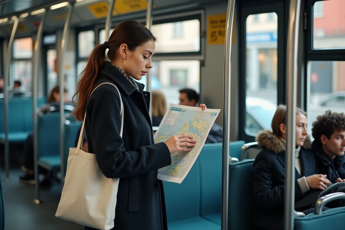 Femme consultant le plan du tram ligne 2 à l'intérieur du tramway de Nantes