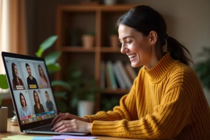 Jeune femme jouant au jeu du demi cercle lors d'une soirée virtuelle en ligne sur son ordinateur portable depuis son bureau à domicile