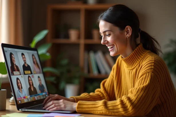 Jeune femme jouant au jeu du demi cercle lors d'une soirée virtuelle en ligne sur son ordinateur portable depuis son bureau à domicile