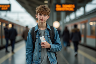 Adolescent dans une gare française avec ticket en main