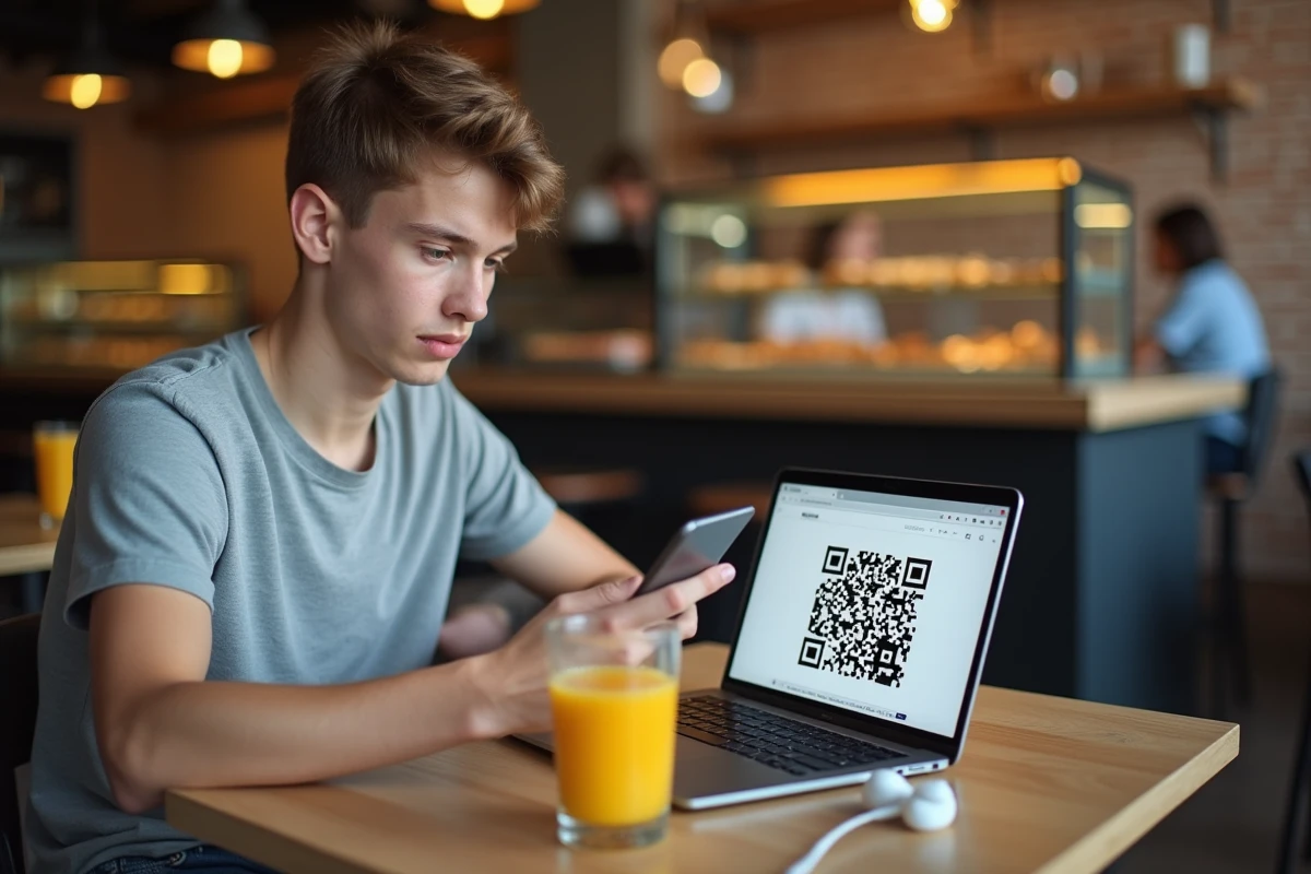 Jeune adulte qui utilise son smartphone pour scanner un QR code Brawl Stars sur un ordinateur portable dans un café