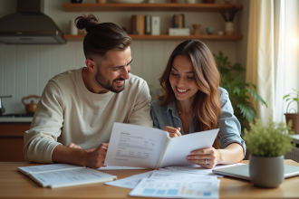 Jeune couple discutant de finances dans une cuisine lumineuse