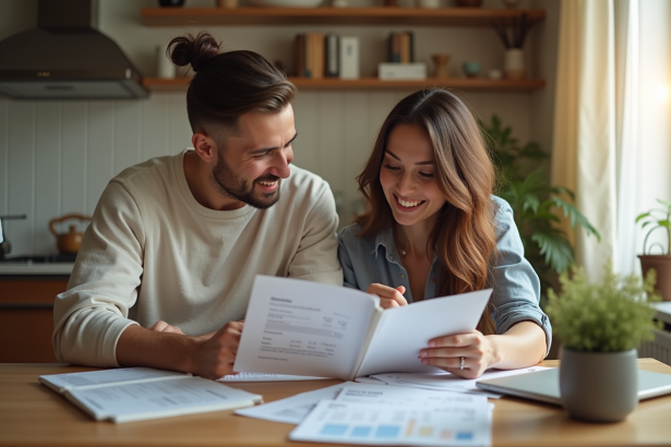 Jeune couple discutant de finances dans une cuisine lumineuse