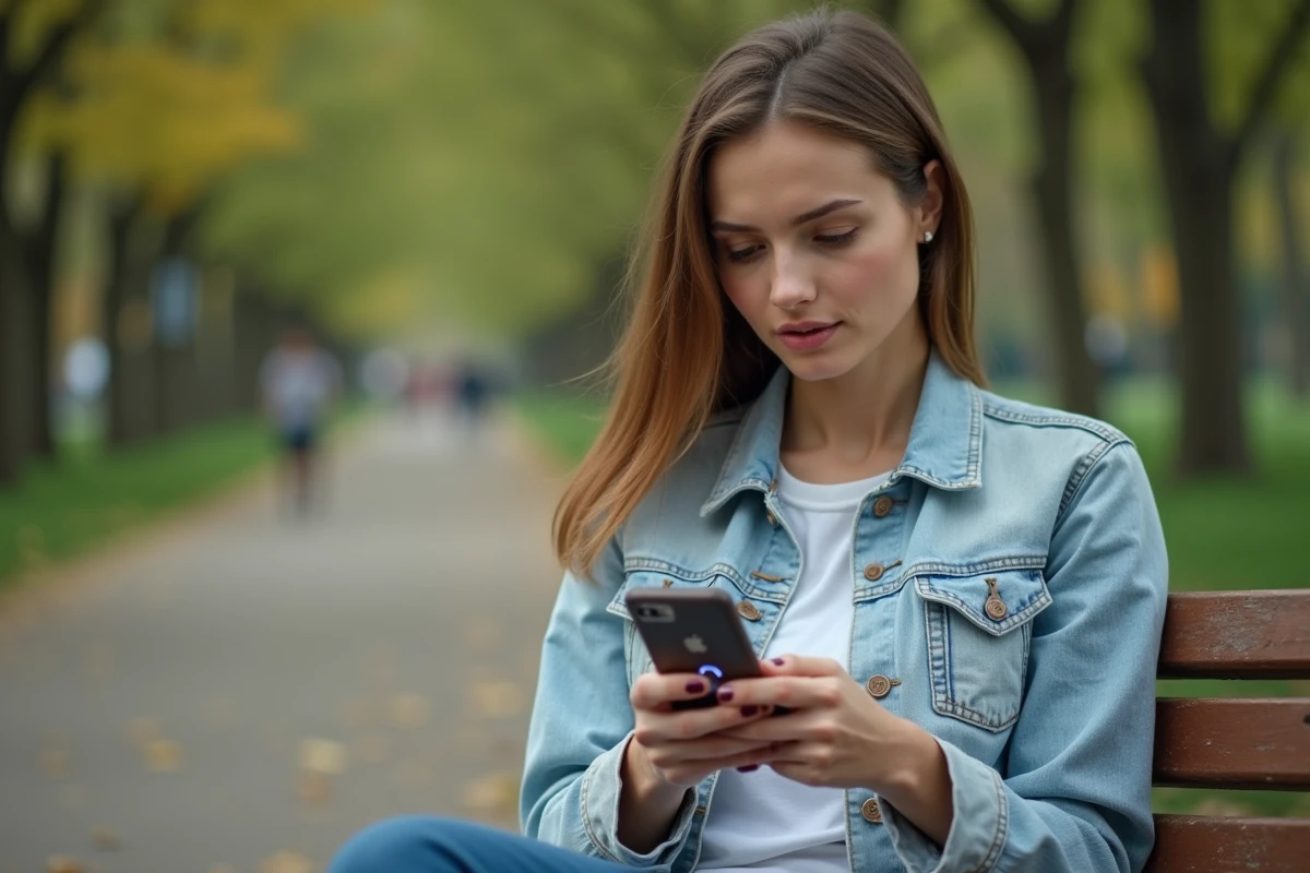 Jeune femme hésitant à répondre à un appel avec l'indicatif +44 dans un parc urbain