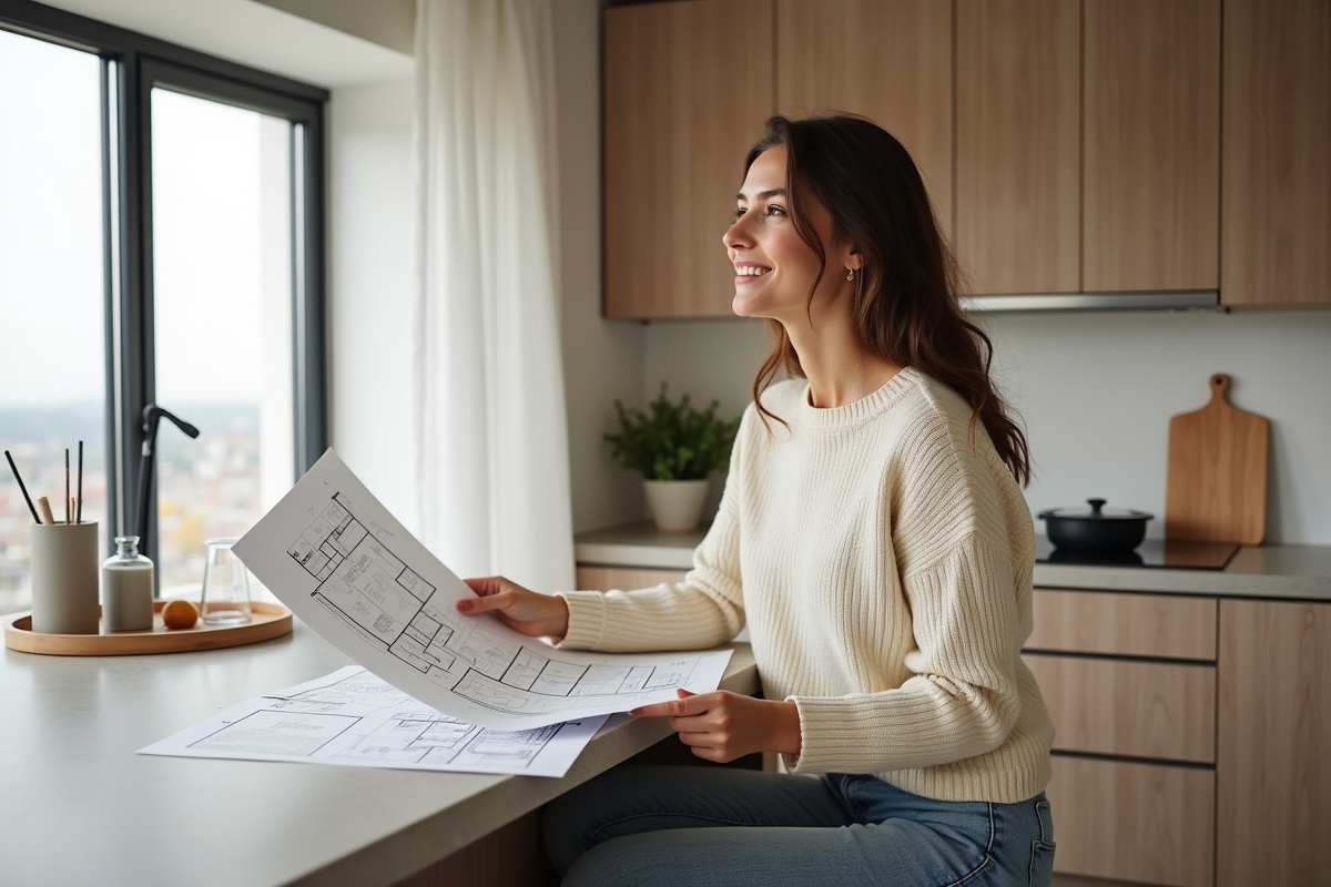 Jeune femme dans un appartement moderne regardant plans de construction
