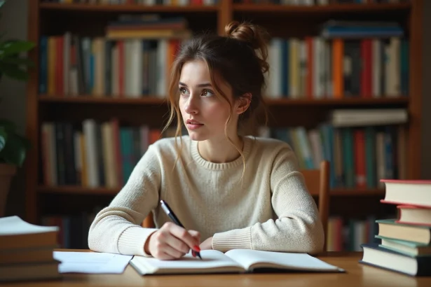 Jeune femme concentrée dans une bibliothèque pour l'article {titre}