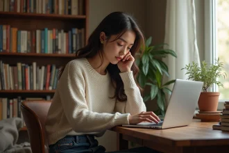 Jeune femme lisant manga sur ordinateur dans un appartement