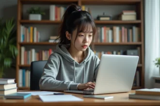 Jeune femme lisant manga sur ordinateur dans un appartement lumineux