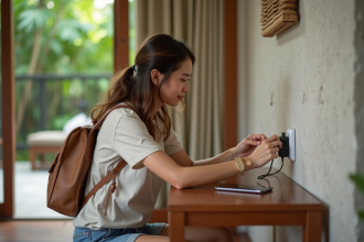 Jeune femme européenne branche un chargeur dans une chambre bali