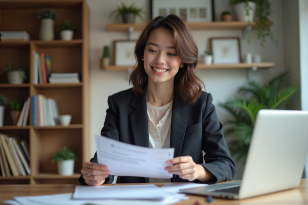Jeune femme en tenue professionnelle examine des papiers à son bureau