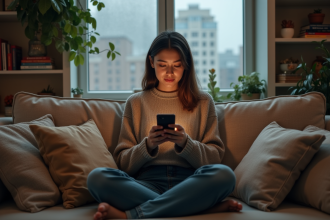 Jeune femme pensant avec smartphone dans un salon cosy