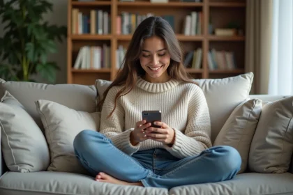 Jeune femme souriante utilisant son smartphone dans un salon cosy