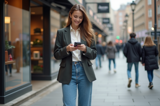 Jeune femme en blazer et jeans dans la ville