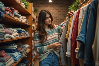 Jeune femme inspectant un vêtement dans une friperie chaleureuse