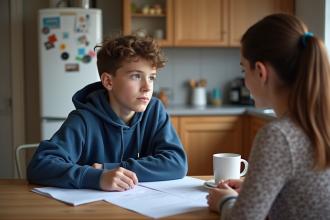 Adolescent en hoodie bleu avec sa mère à table