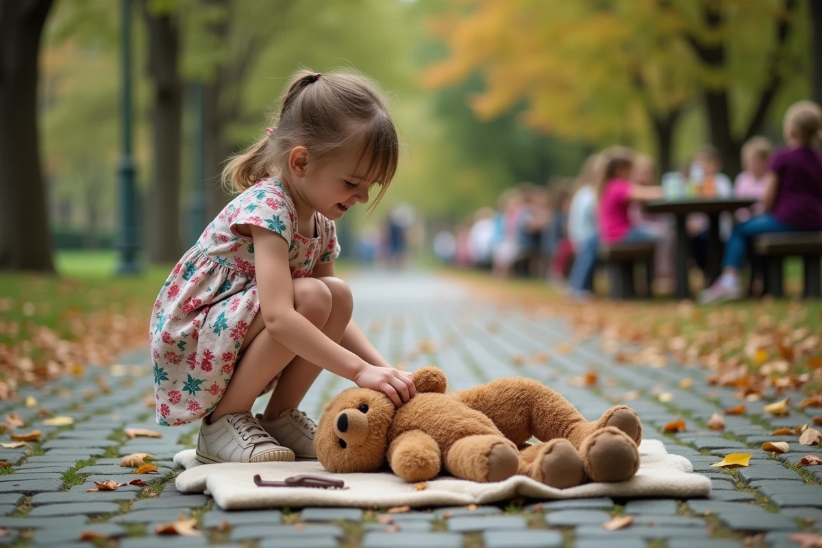 Jeune fille découvrant un ours en peluche dans un parc