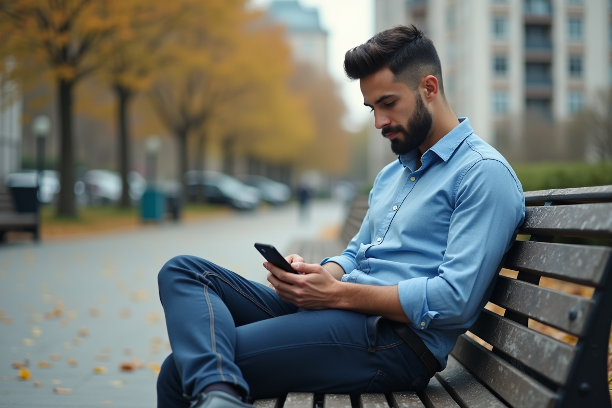 Jeune homme utilisant son smartphone dans un parc urbain