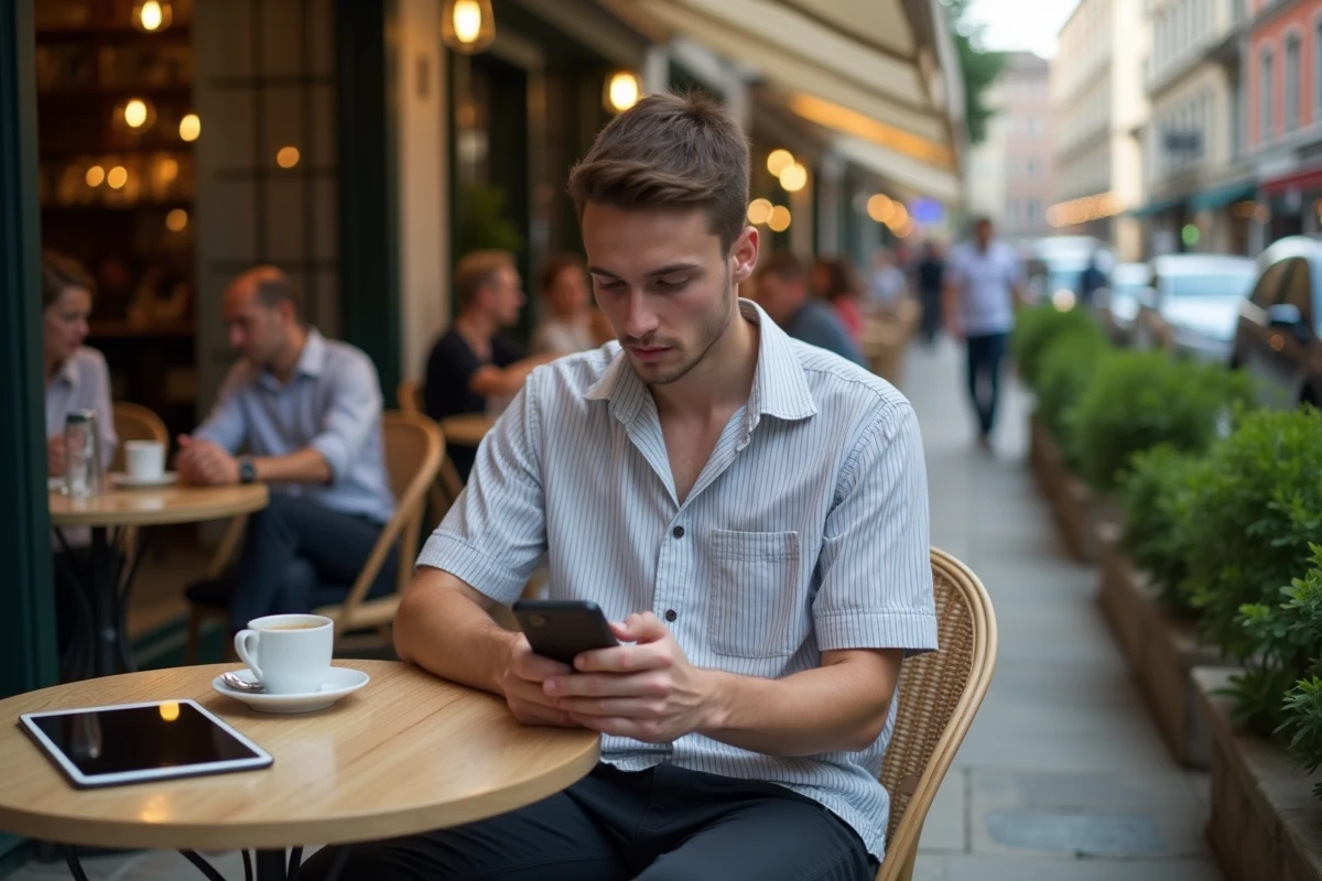 Jeune homme au café en ville regardant son smartphone
