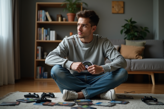 Jeune homme pensif avec jeux vidéo dans un appartement