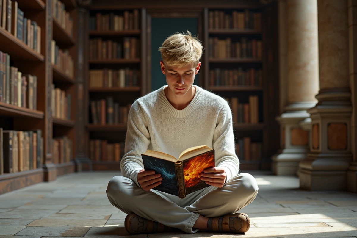 Jeune homme lisant dans une grande bibliothèque ancienne