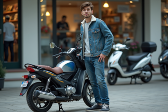 Jeune homme avec moto 50cc Dax en ville