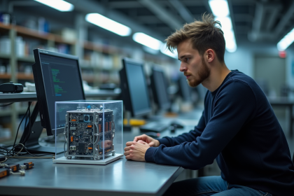Jeune homme en pullover regarde un prototype de quantum