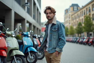 Jeune homme examine des scooters colorés devant un concessionnaire