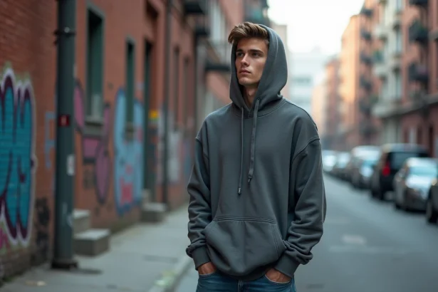 Jeune homme en rue urbaine avec expression réfléchie