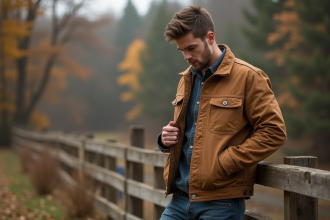 Jeune homme examine un étiquette de veste en coton en automne
