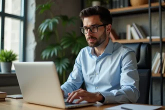 Jeune professionnel travaillant sur un ordinateur dans un bureau moderne