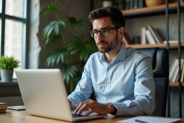 Jeune professionnel travaillant sur un ordinateur dans un bureau moderne