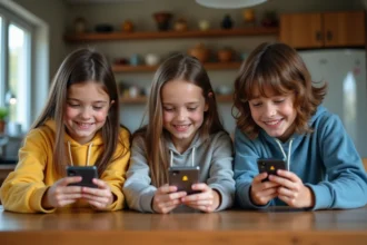 Trois adolescents souriants avec smartphones dans une cuisine chaleureuse