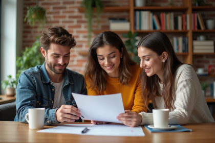Trois jeunes adultes discutent autour d'une table de cuisine moderne