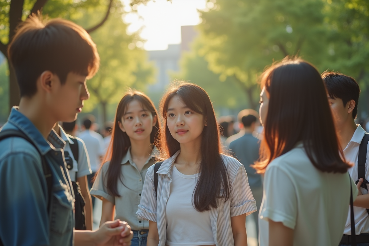 Groupe de jeunes adultes en mode japonais dans un parc ensoleille