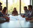 Groupe de jeunes professionnels autour d'une table discutant de carrière