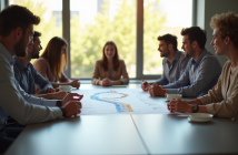 Groupe de jeunes professionnels autour d'une table discutant de carrière