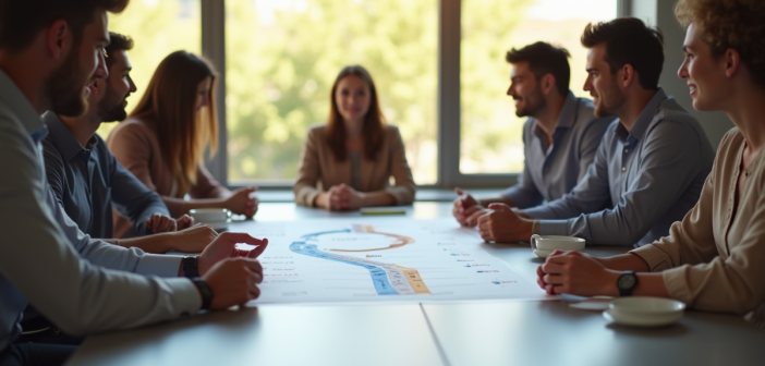 Groupe de jeunes professionnels autour d'une table discutant de carrière
