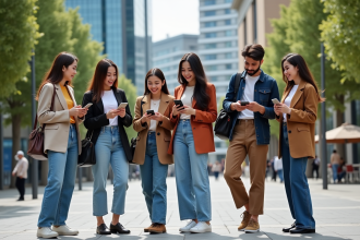 Groupe de jeunes adultes en streetwear dans une place urbaine