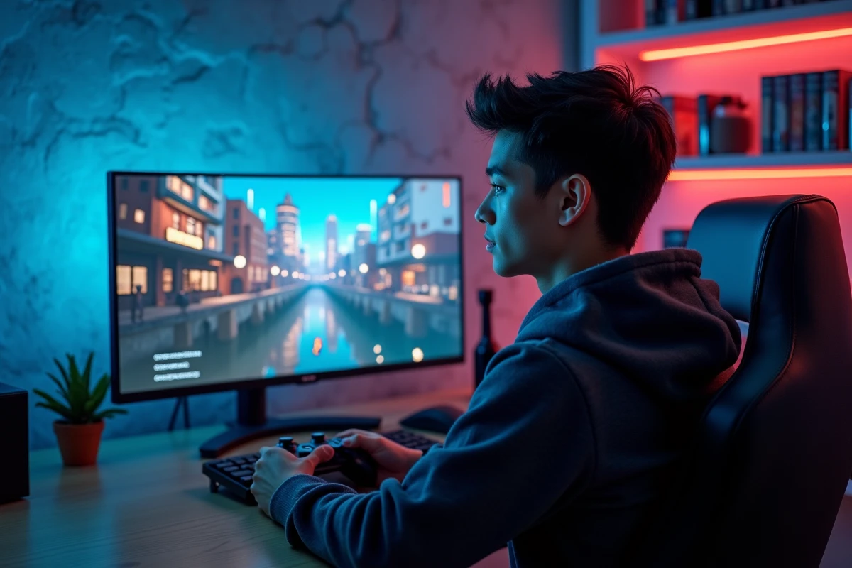 Joueur tenant une manette devant un écran affichant un menu de jeu en monde ouvert, dans une salle de gaming moderne