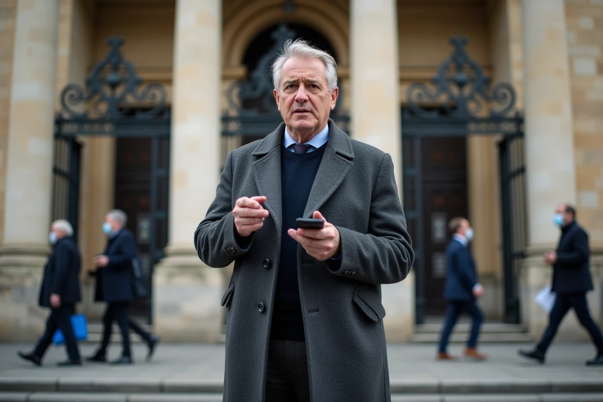 Journaliste célèbre tenant un micro devant un bâtiment institutionnel parisien, incarnant la presse d'investigation face au pouvoir politique