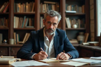 Journaliste français engagé écrivant à la plume dans un bureau parisien encombré de manuscrits et de journaux annotés