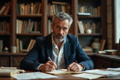 Journaliste français engagé écrivant à la plume dans un bureau parisien encombré de manuscrits et de journaux annotés