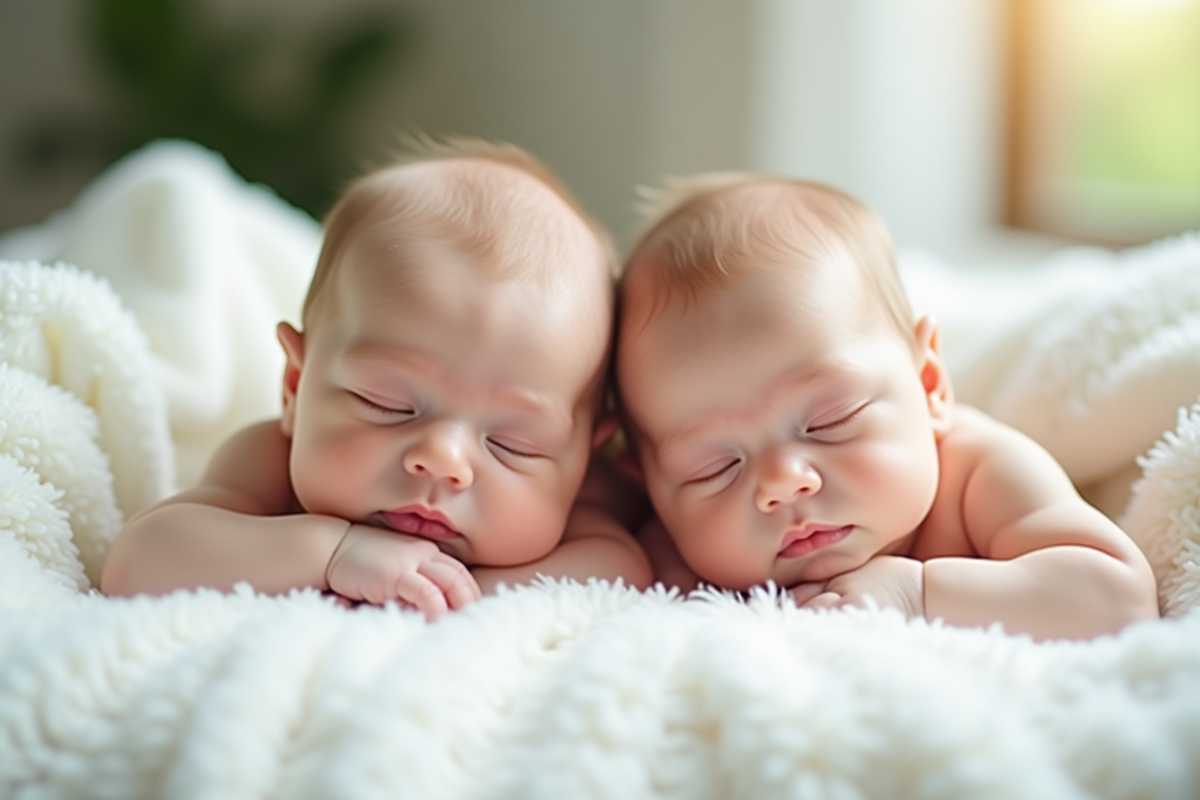 Jumeaux conjoins paisiblement sur une couverture blanche