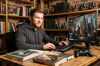 Homme lisant un livre Warhammer à son bureau gaming entouré de figurines et d'un écran affichant un jeu vidéo gothique