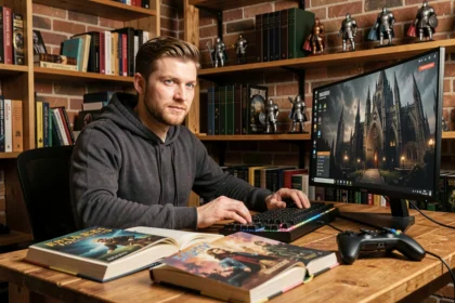 Homme lisant un livre Warhammer à son bureau gaming entouré de figurines et d'un écran affichant un jeu vidéo gothique