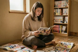 Jeune femme lisant un manga entourée de volumes éparpillés, illustrant la lecture de scans Just Friends