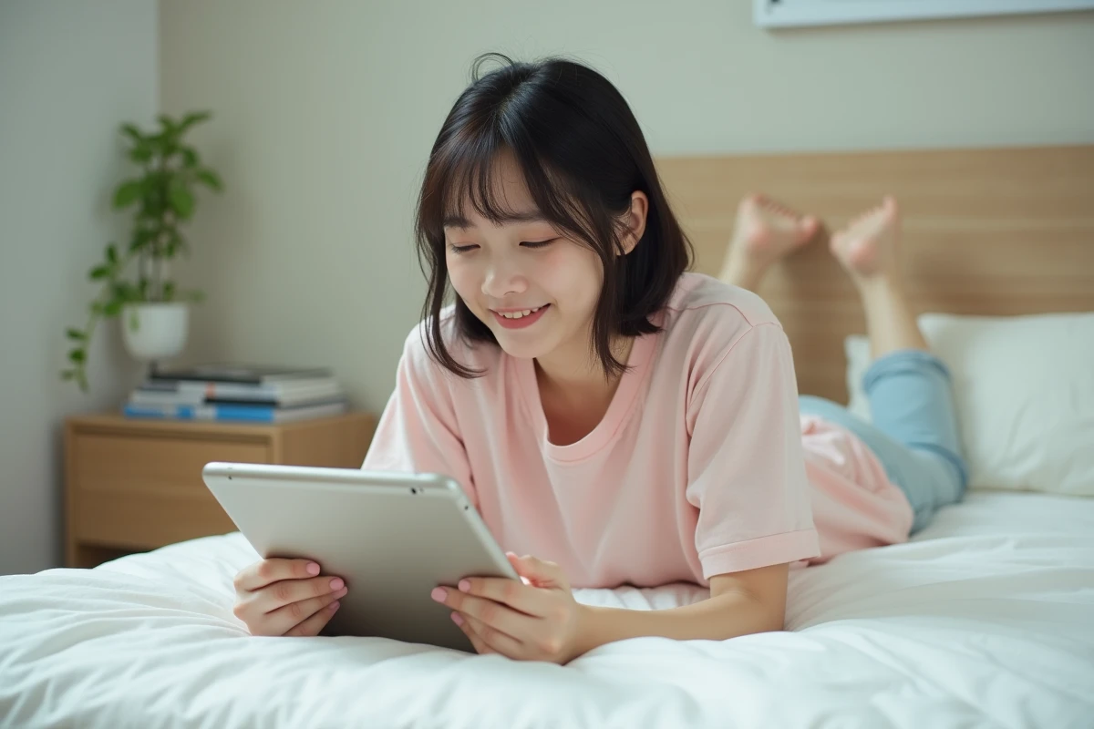 Jeune femme lisant des scans de manga sur une tablette allongée sur son lit avec des volumes de manga posés sur la table de nuit